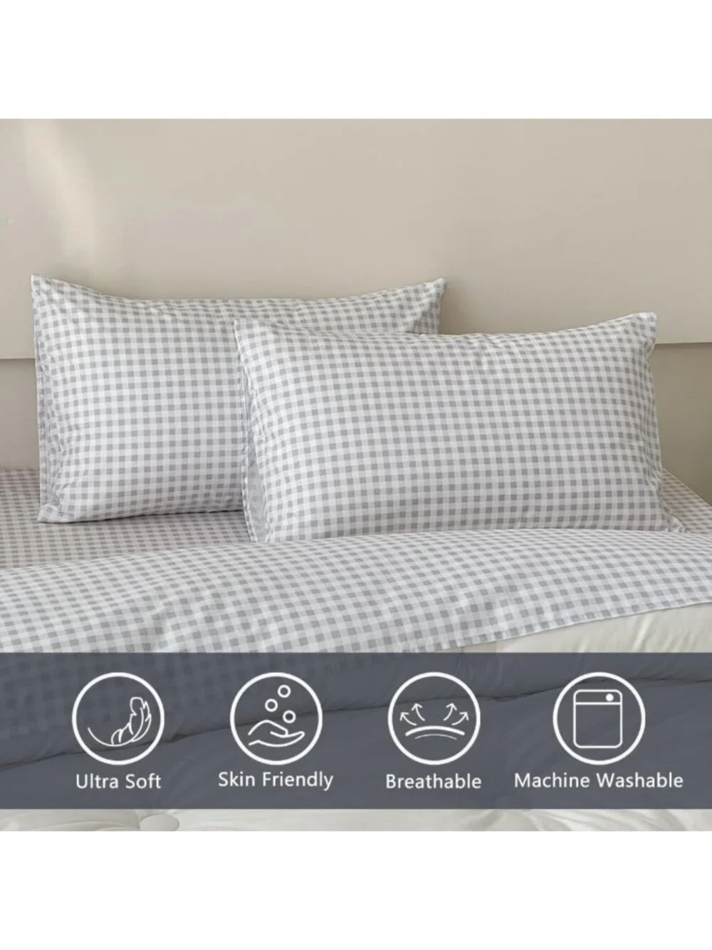 Light Grey Gingham Queen Sheet Set | Soft Cotton Bedding | Cozy Home Essentials